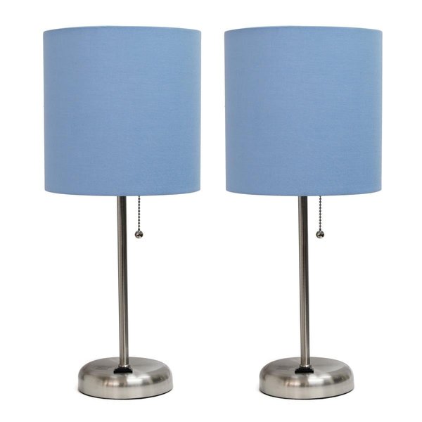 Diamond Sparkle Brushed Steel Stick Table Lamp with Charging Outlet & Fabric Shade, Blue - Set of 2 DI2519780